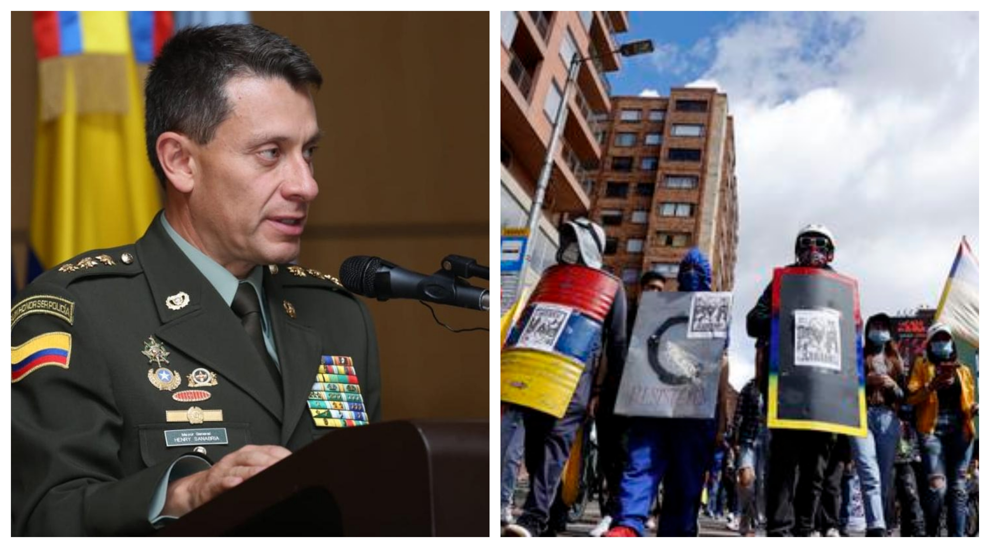 En la imagen, el director general de la Policía Nacional, el mayor general Henry Sanabria, e integrantes de la primera línea en Bogotá. Foto: Twitter Henry Sanabria y EFE
