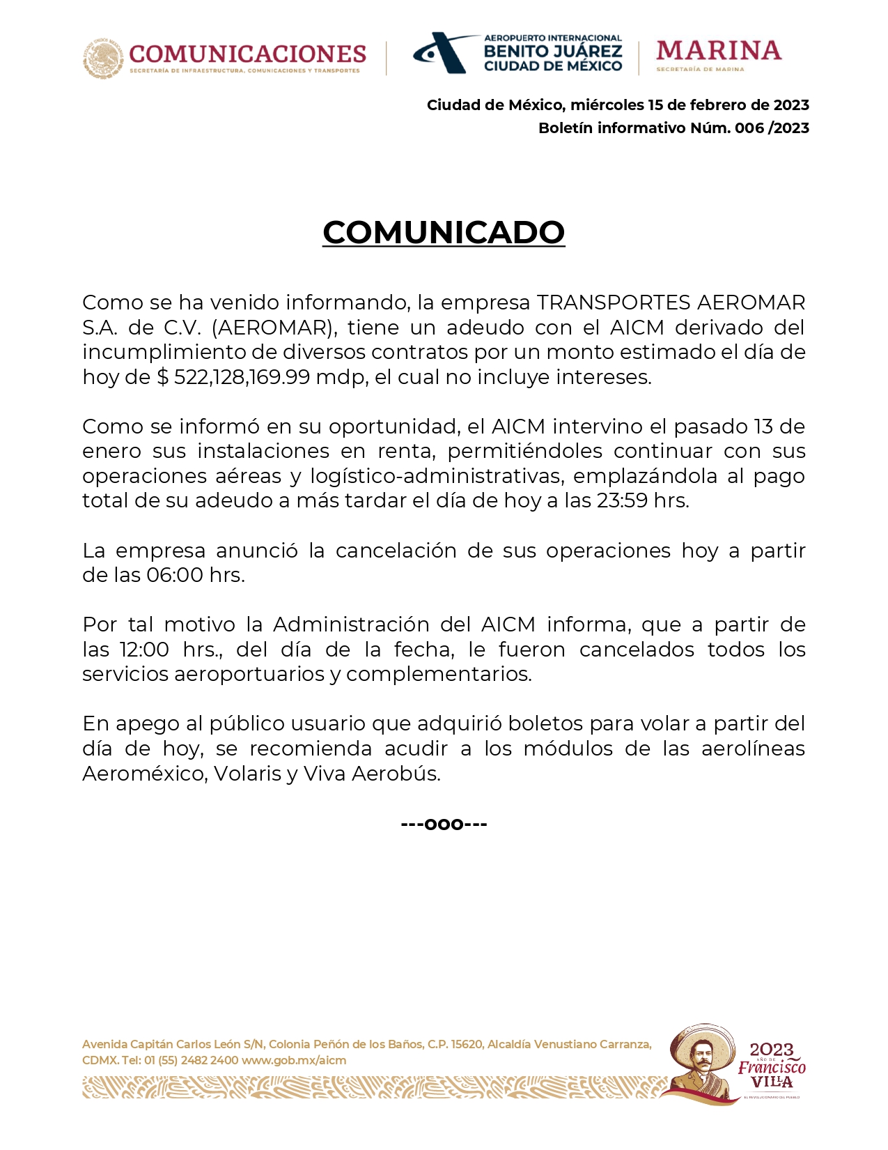 El AICM se pronunció acerca del cese de las operaciones de la empresa Aeromar (Twitter/@AICM_mx)