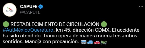 Se restableció la circulación en la México-Querétaro (Twitter/@capufe)