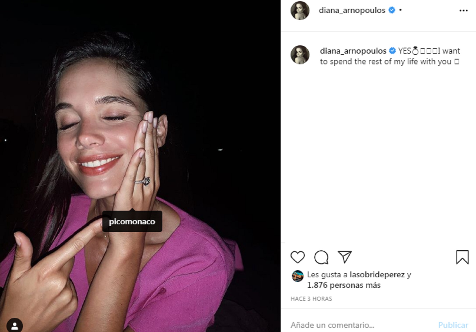 El posteo de Diana Arnopoulos anunciando su casamiento con Pico Mónaco