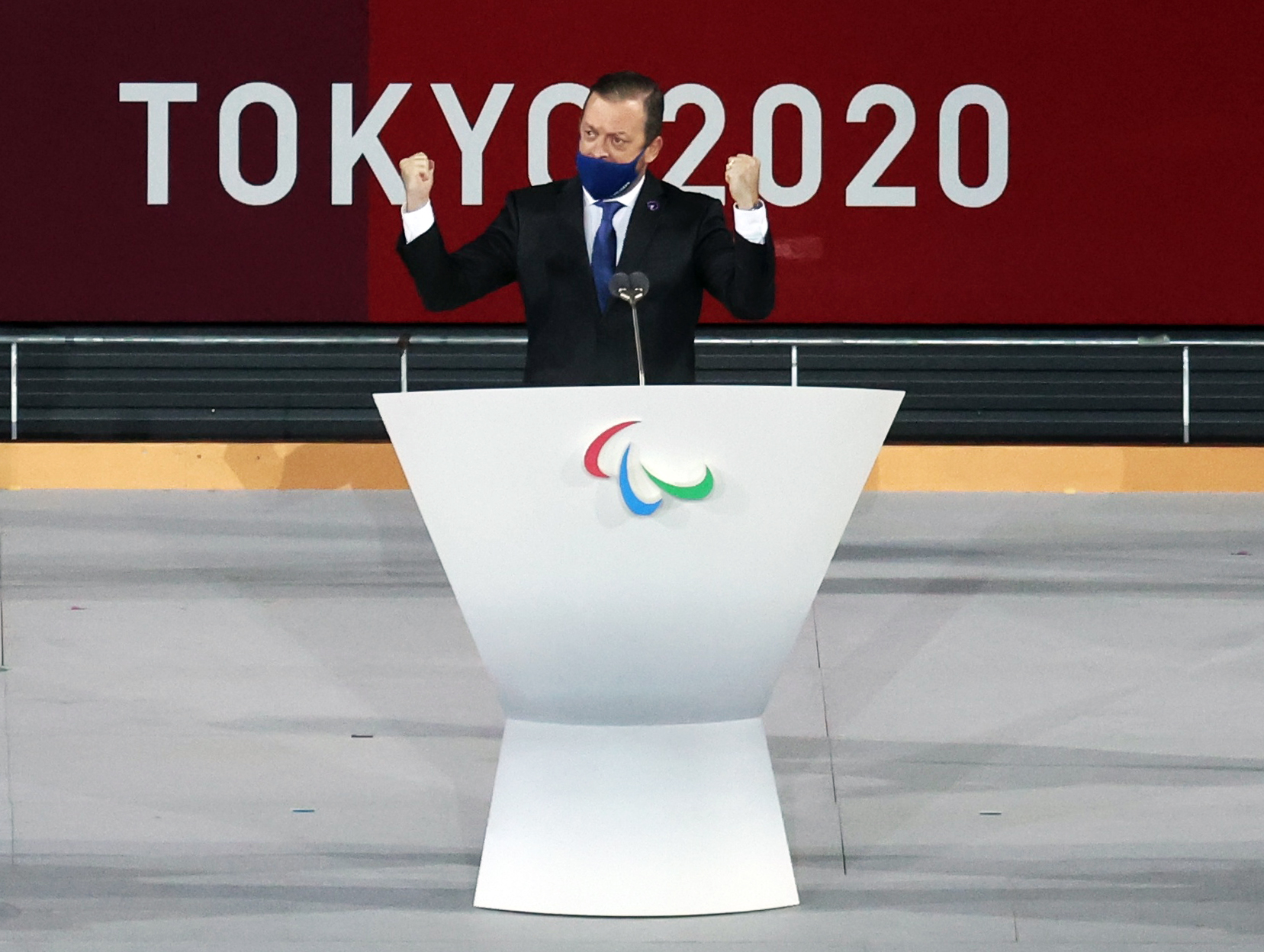 Tokyo 2020 Paralympic Games - The Tokyo 2020 Paralympic Games Closing Ceremony - Olympic Stadium, Tokyo, Japan - September 5, 2021. International Paralympic Committee President Andrew Parsons speaks during closing ceremony. REUTERS/Kim Kyung-Hoon