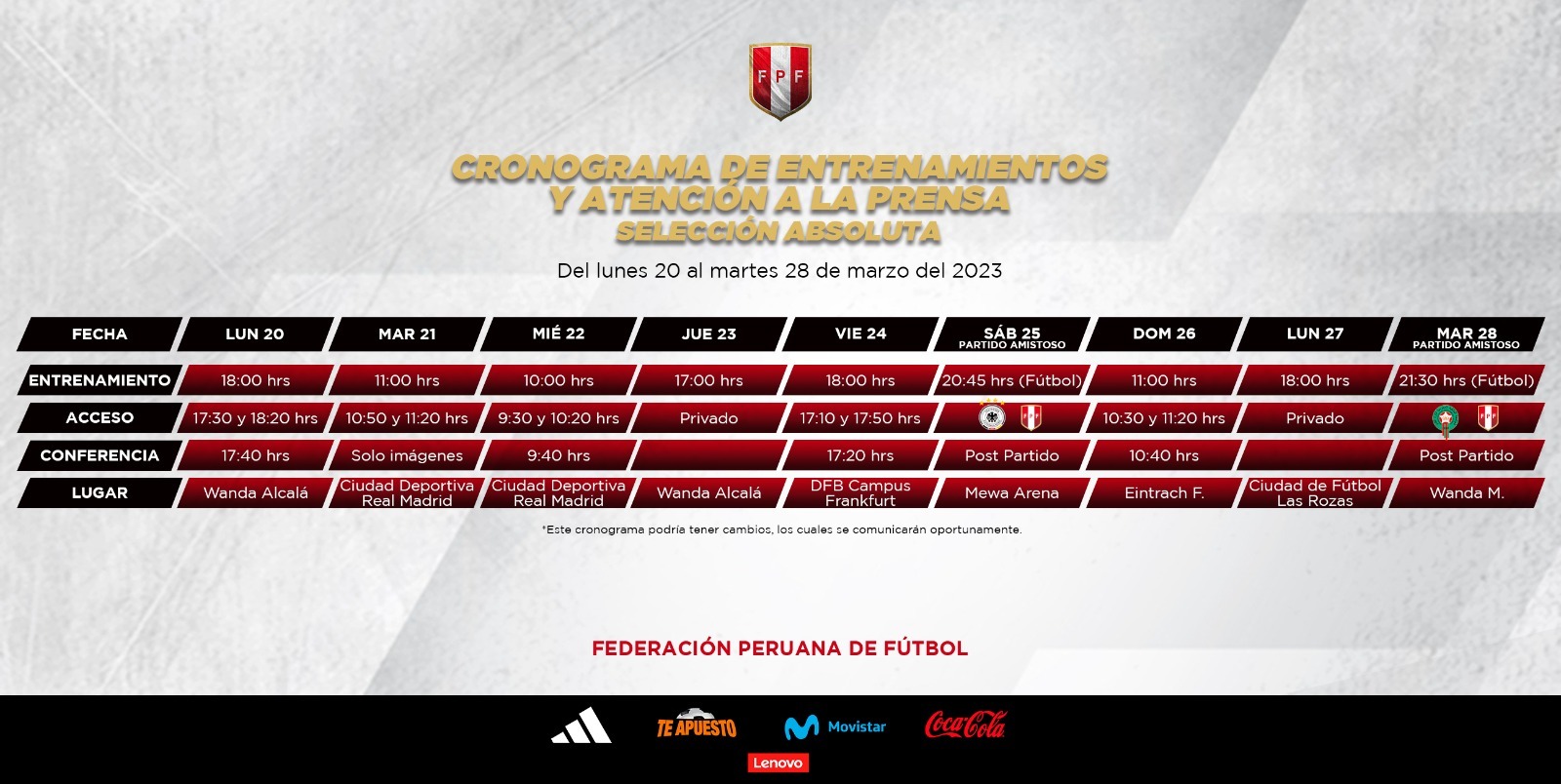 Cronograma de entrenamientos y atención a la prensa de la selección peruana en Europa. (FPF)