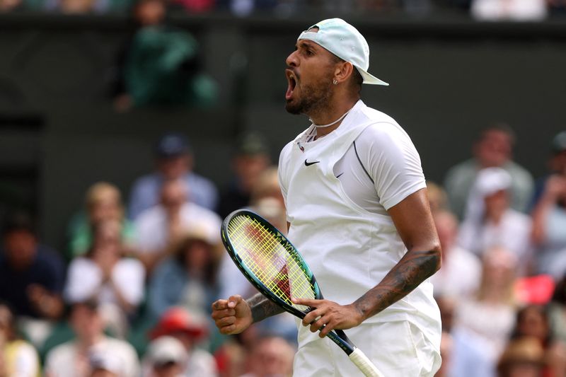 Tennis - Wimbledon - All England Lawn Tennis and Croquet Club, London, Britain - July 4, 2022  Australia's Nick Kyrgios reacts during his fourth round match against Brandon Nakashima of the U.S. REUTERS/Paul Childs