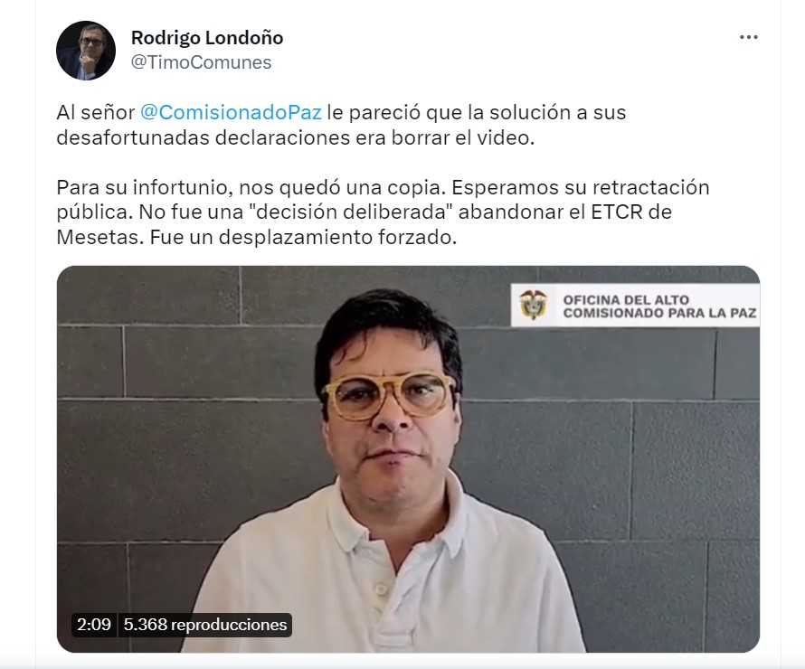 Rodrigo Londoño rechazó el pronunciamiento y le pidió a Danilo Rueda que se retracte frente a la posición asumida.