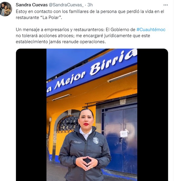 Sandra Cuevas se encuentra en contacto con los familiares del hombre agredido y clausuró el establecimiento (Twitter/SandraCuevas)