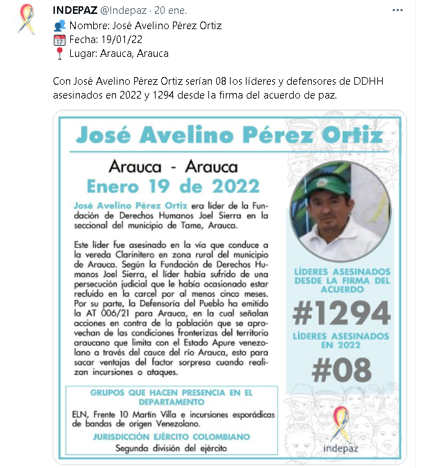 Indepaz se pronuncia tras el asesinato de José Avelino Pérez