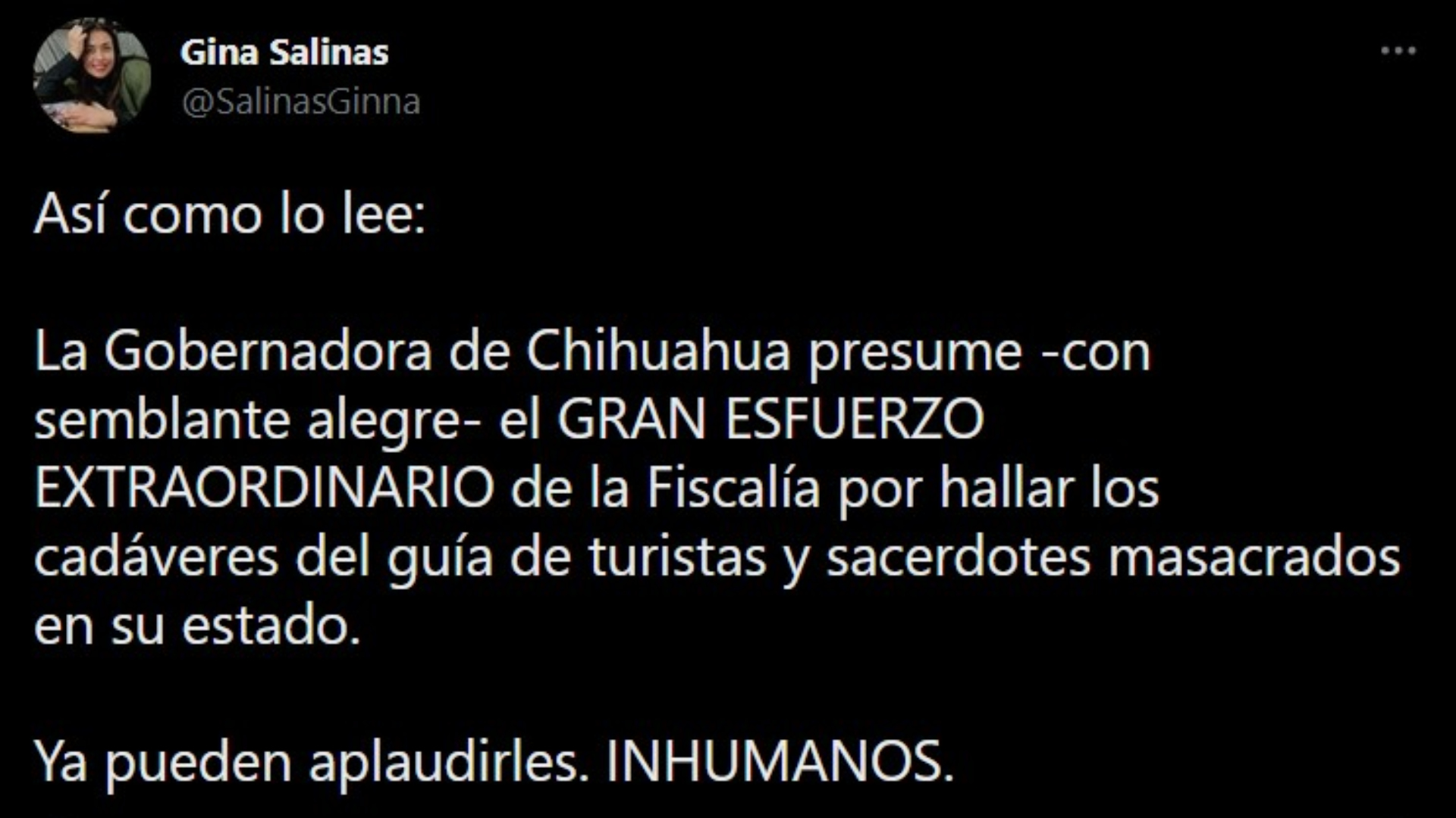 La periodista Gina Salinas arremetió contra la gobernadora chihuahuense después de su pronunciamiento. (Captura: Twitter/@SalinasGinna)