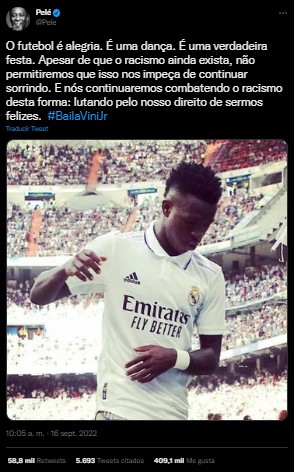 Publicación en la cuenta de Twitter de Pelé en la que expresa su apoyo al jugador Vinicius Jr. luego de críticas por celebrar goles bailando. (Captura)