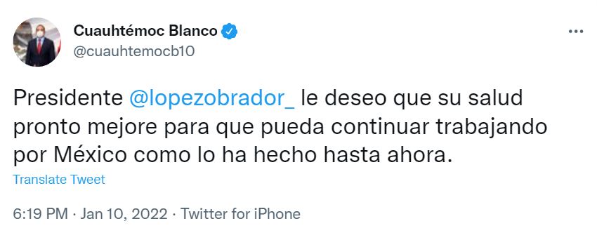 El gobernador de Morelos y exfutbolista desea recuperación de Andrés Manuel tras dar positivo en Covid-19 (foto: Twitter/@cuauhtemocb10)