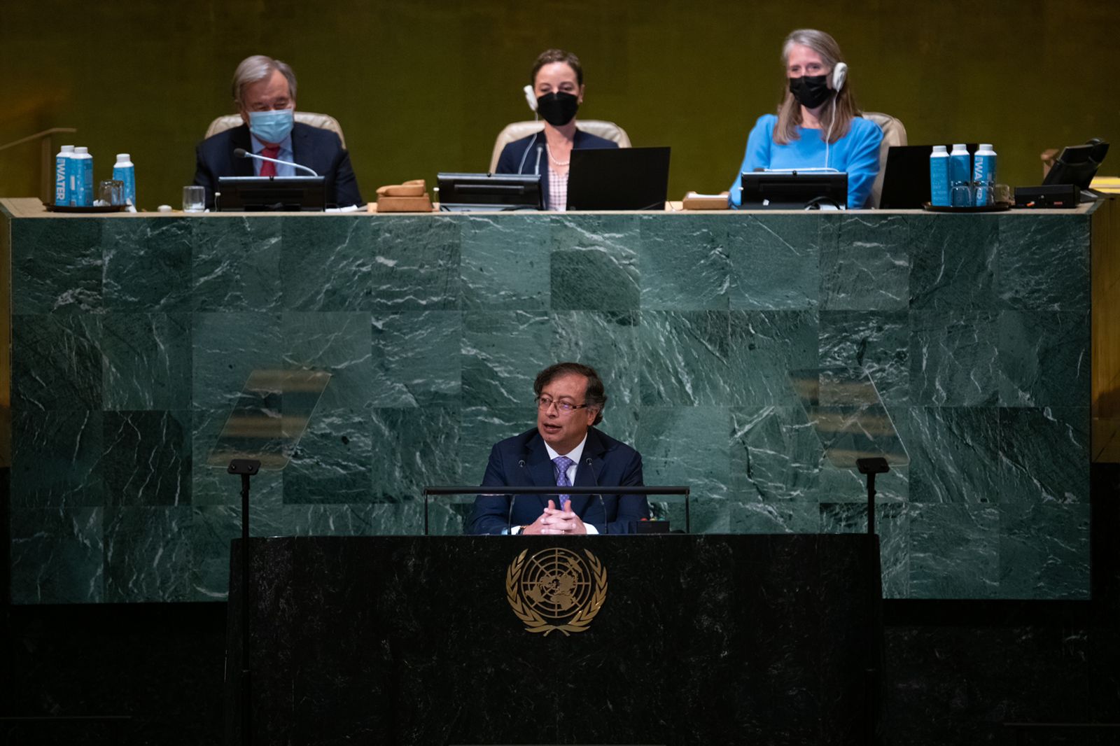 El presidente de Colombia, Gustavo Petro, se dirige al 77º período de sesiones de la Asamblea General de las Naciones Unidas en la sede de las Naciones Unidas en la ciudad de Nueva York, EE. UU., el 20 de septiembre de 2022. Foto: Presidencia de la República.