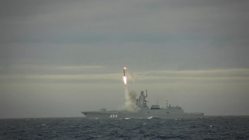 Photo taken from video of a Zircon hypersonic missile launched from the Admiral Gorshkov frigate in the Barents Sea (Russian Ministry of Defense/Manual via REUTERS)
