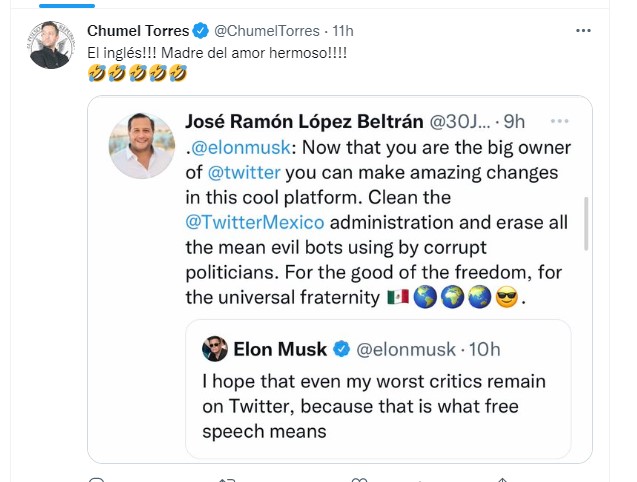 El influencer chihuahense se burló del manejo del inglés que tuvo el hijo de AMLO para enviarle un mensaje a Elon Musk (Foto: Twitter / @ChumelTorres)