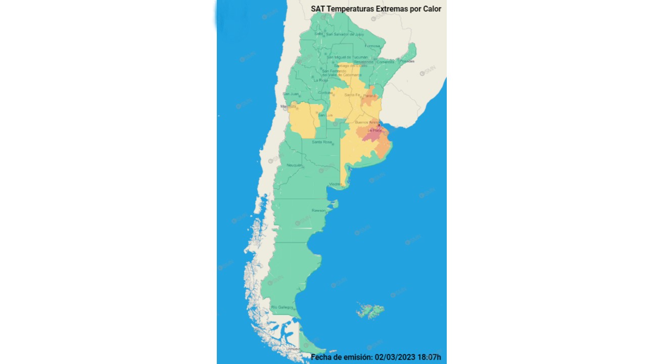 El mapa de alertas del Servicio Meteorológico Nacional. (Foto: SMN)