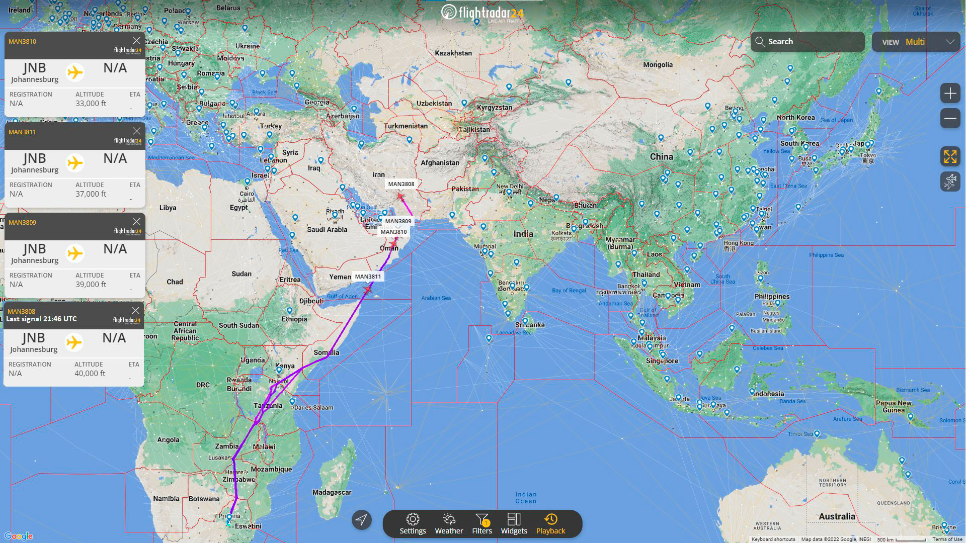 Flightradar24's capture of the mysterious route Gerjon shared.  (Source: @Gerjon_/Twitter)