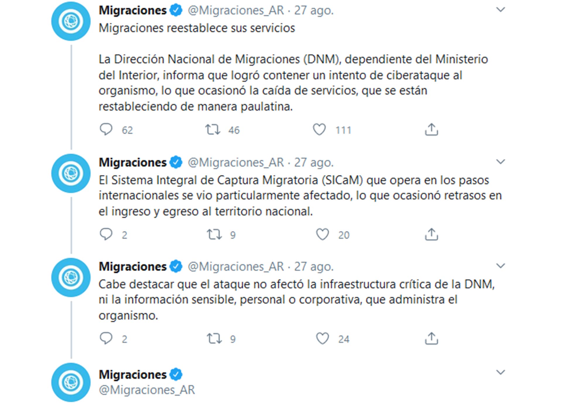 El hilo de tweets de @Migraciones_AR el día del ataque informático