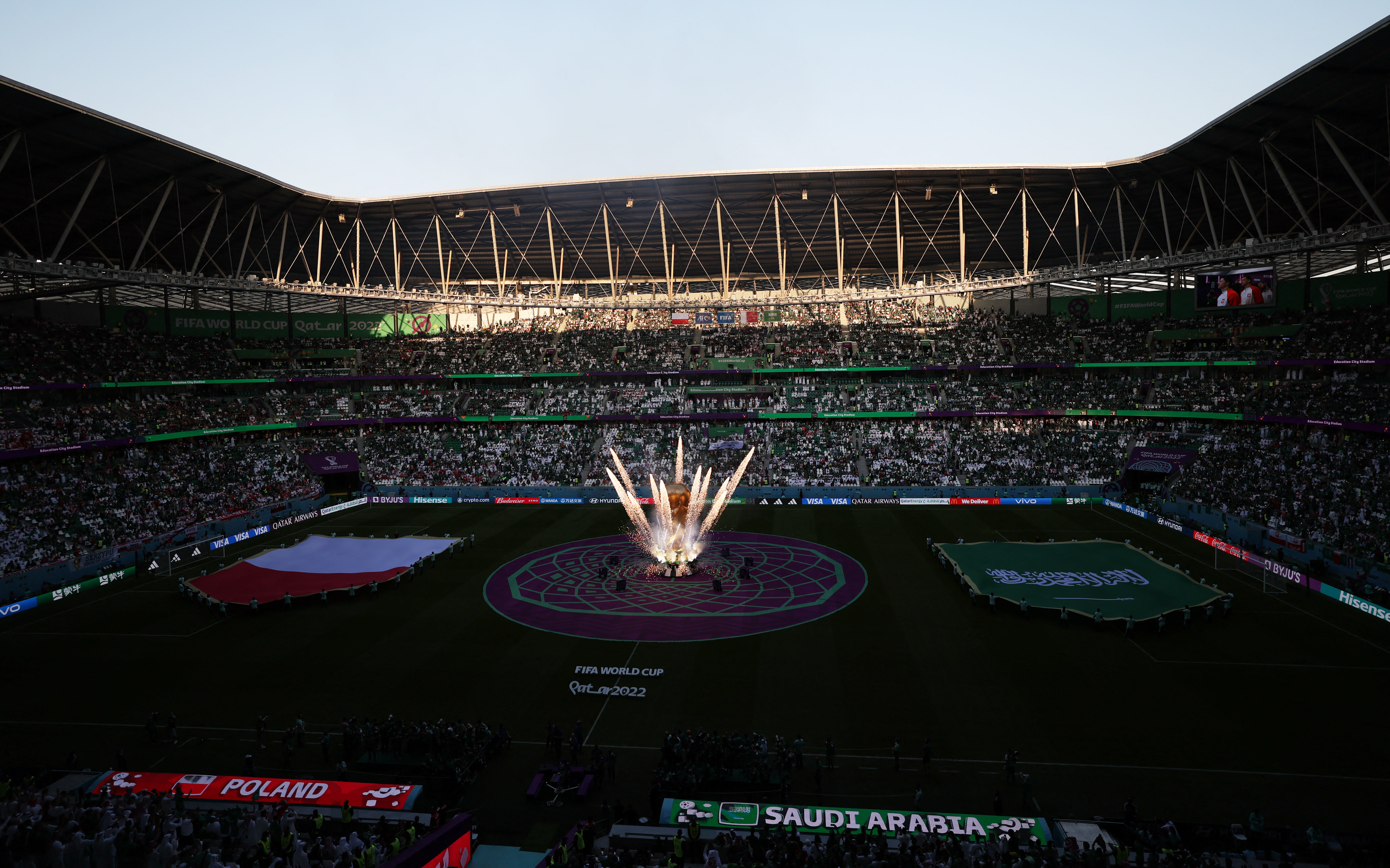 Soccer Football - FIFA World Cup Qatar 2022 - Group C - Poland v Saudi Arabia - Education City Stadium, Al Rayyan, Qatar - November 26, 2022 General view as a giant replica World Cup is pictured inside the stadium before the match REUTERS/Molly Darlington