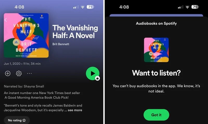 Si una persona desea adquirir un audiolibro en Spotify, se mostrará un mensaje en la pantalla que dice "No puedes comprar audiolibros en la aplicación. Lo sabemos, no es lo ideal". (MacRumors)