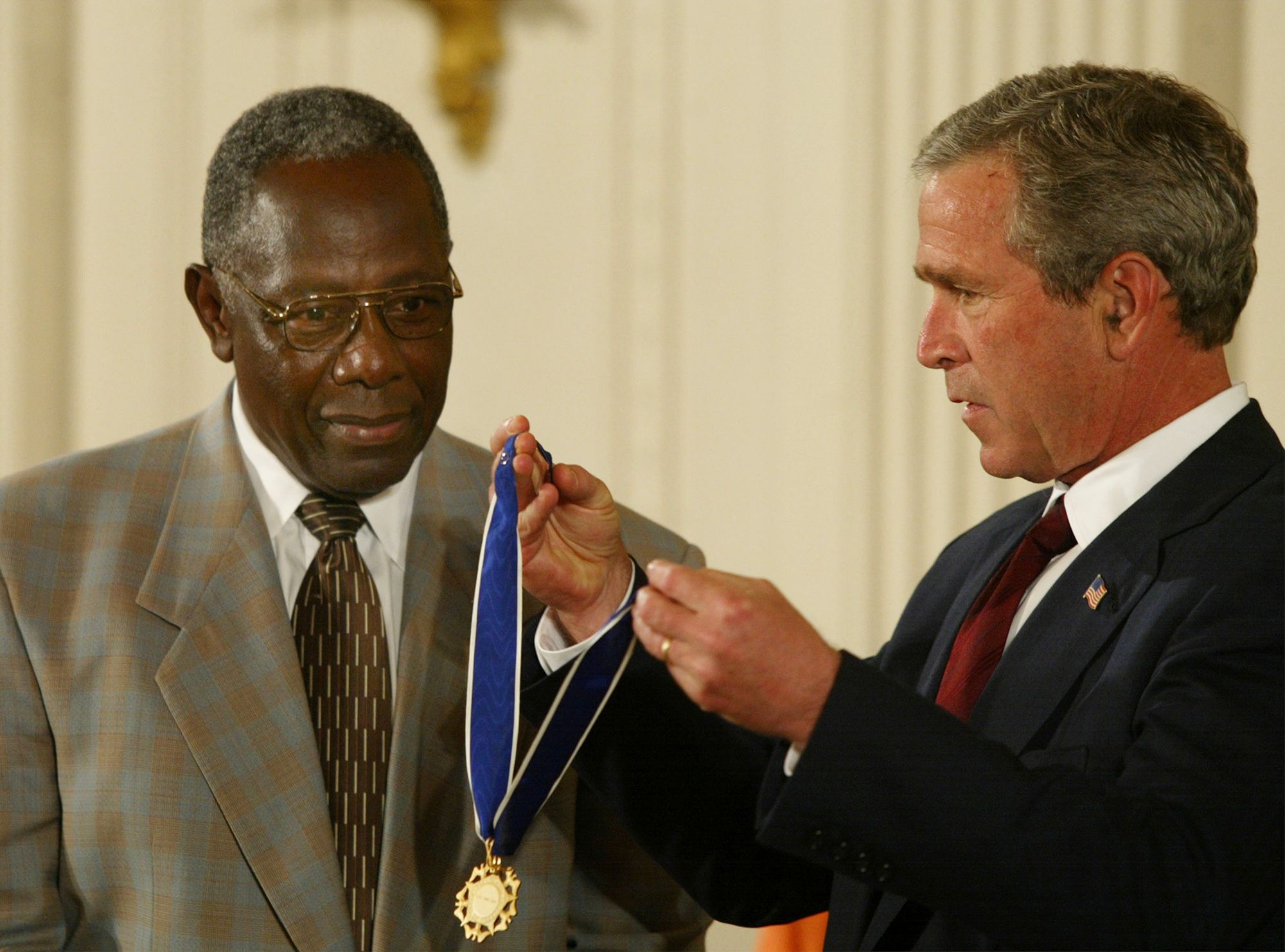 Hank Aaron is honored during a pregame awards ceremony at News Photo -  Getty Images