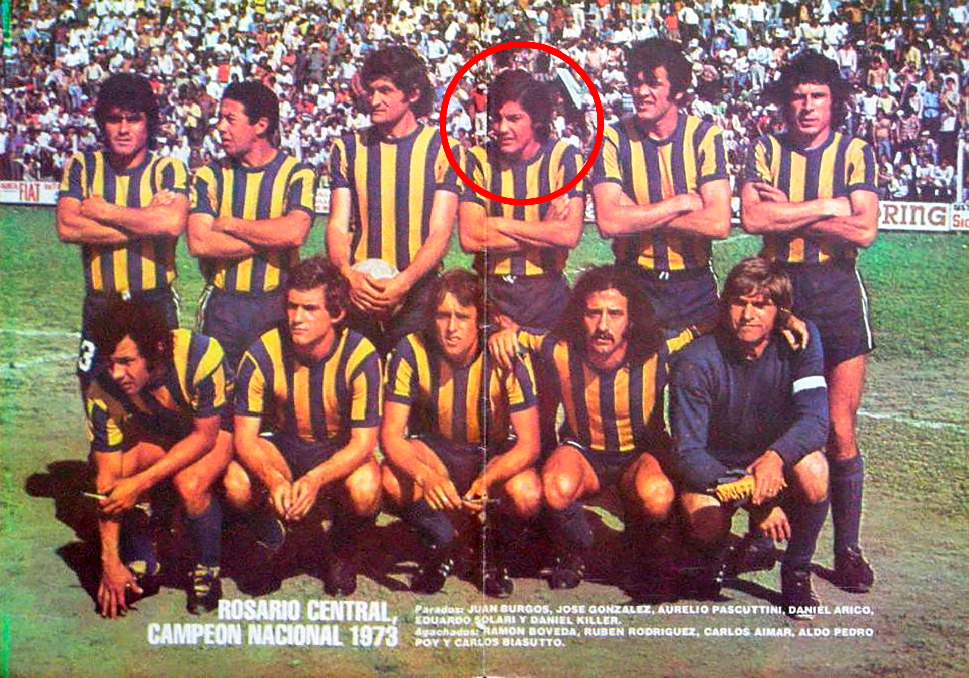 Daniel Aricó con el equipo campeón de Rosario Central del torneo Nacional 1973