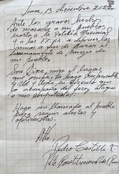 Carta de Pedro Castillo.