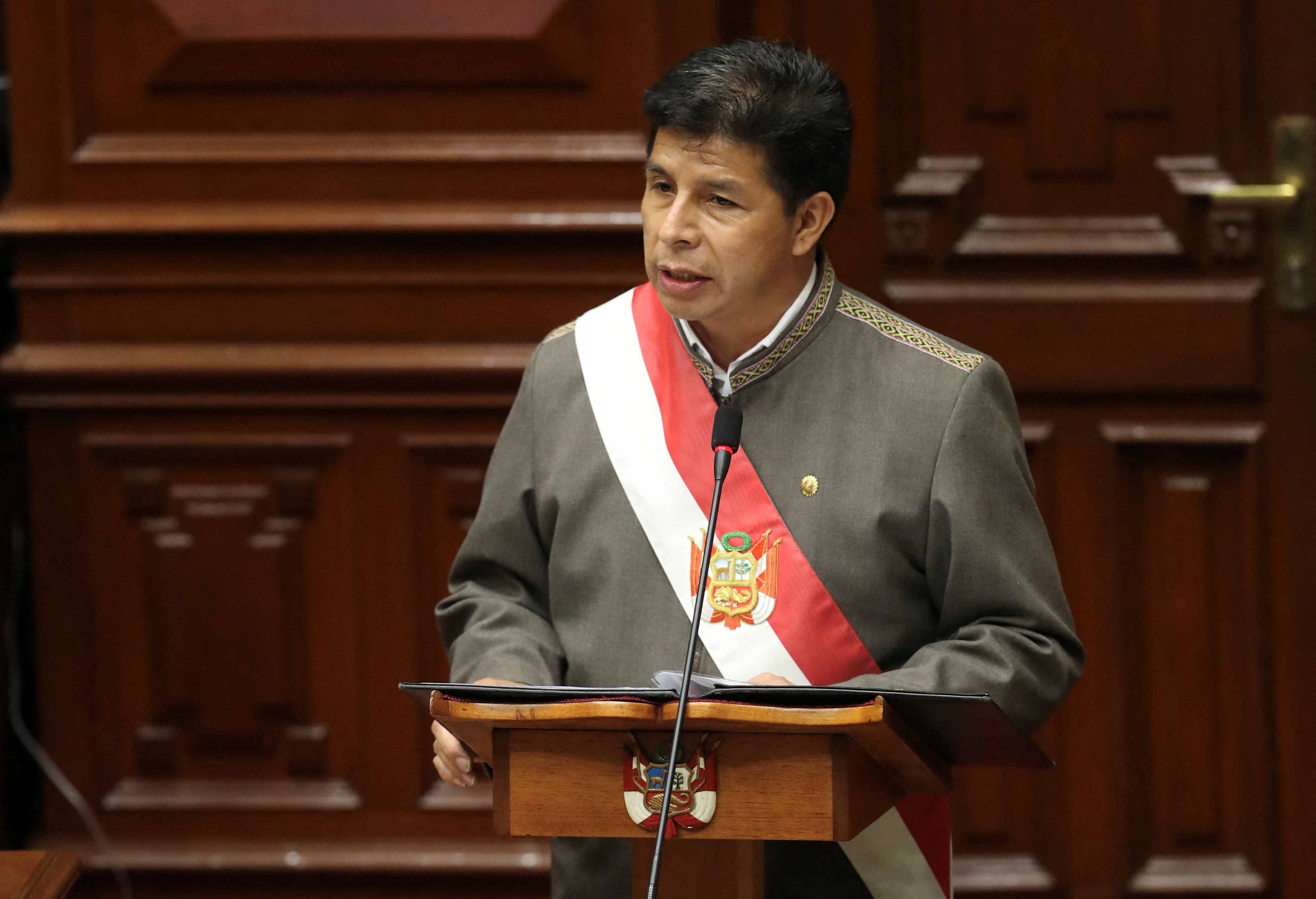 Peruvian President Pedro Castillo addresses congress as he faces an impeachment vote, in Lima, Peru March 28, 2022. Ernesto Arias/Peru's Congress of the Republic/Handout via REUTERS ATTENTION EDITORS - THIS IMAGE HAS BEEN SUPPLIED BY A THIRD PARTY. NO RESALES. NO ARCHIVES