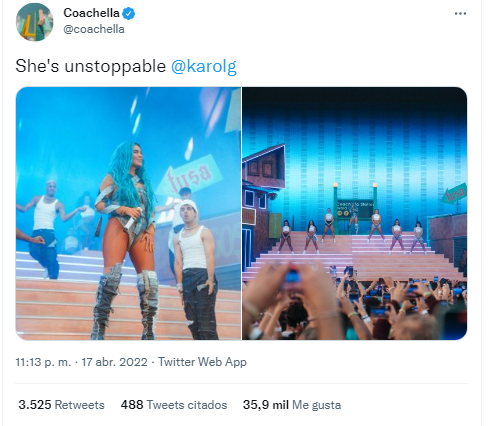 Mensaje de Coachella destacando la presentación de Karol G FOTO: Vía Twitter (@coachella)