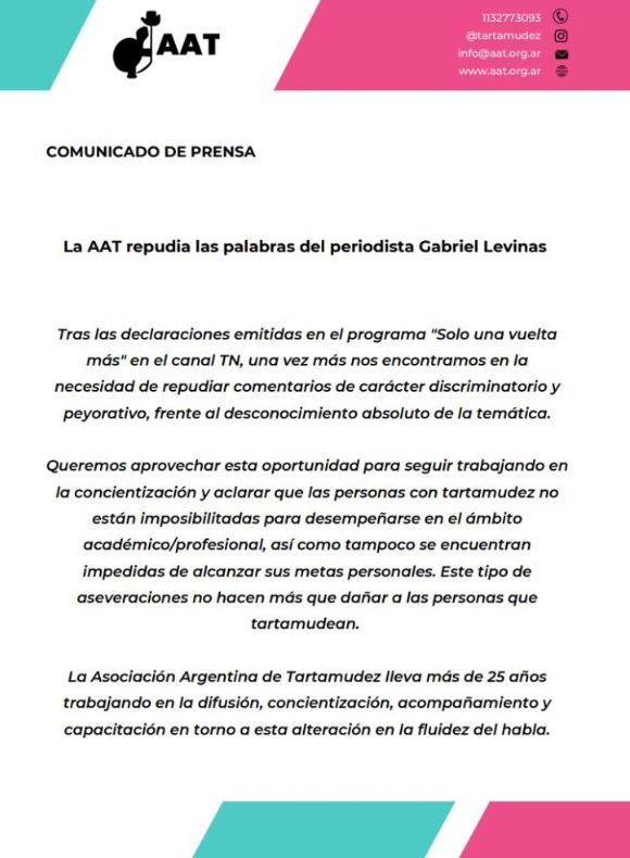 Comunicado de la Asociación Argentina de Tartamudez rechazando las declaraciones del periodista Gabriel Levinas sobre el ministro del Interior, Eduardo "Wado" de Pedro