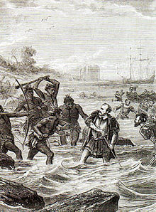 Death of Magellan.  Knee-deep in water and badly injured, he tried to defend himself until the end (Wikipedia)