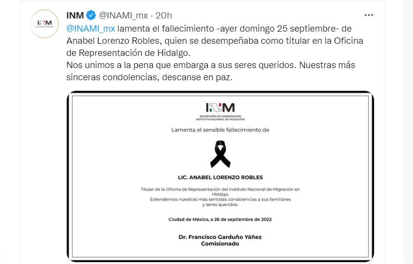 El Instituto Nacional de Migración (INM) lamentó el fallecimiento de Anabel Lorenzo Robles (Foto: captura de pantalla)