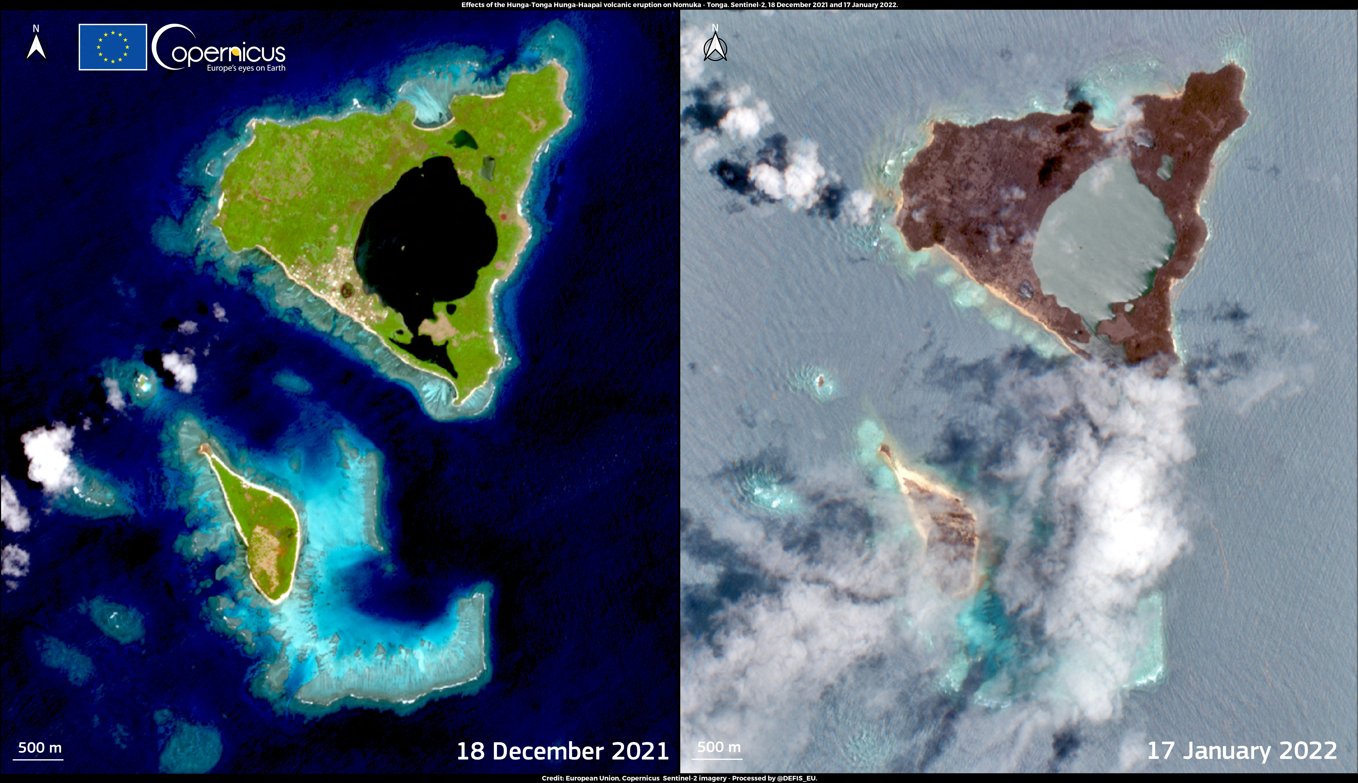 Así quedó la isla de Nomuka antes y después de la erupción (AFP/ Unión Europea, Copernicus Sentinel-2)