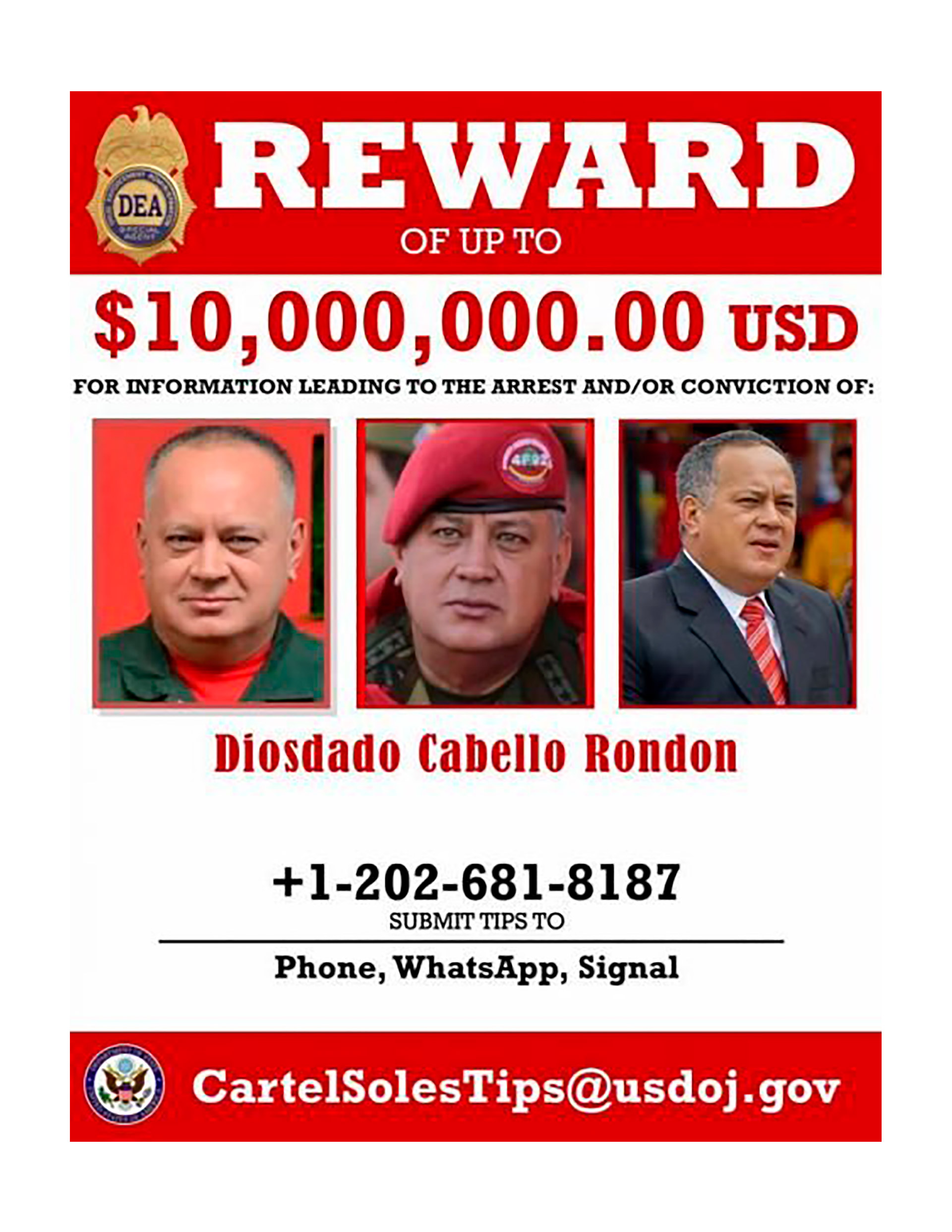 La publicación de la DEA sobre la recompensa a cambio de Diosdado Cabello