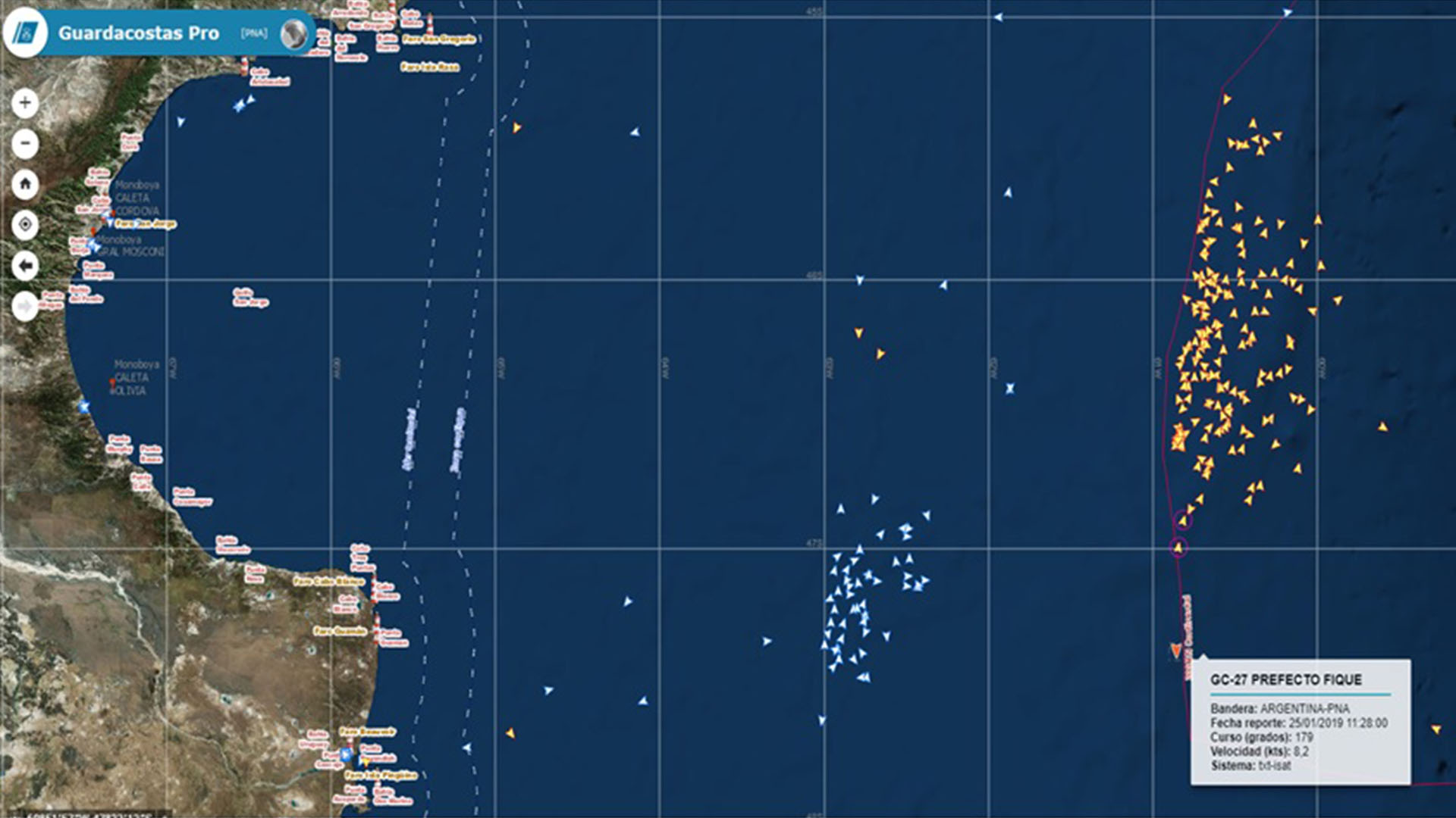 Imágenes satelitales de la pesca de buques nacionales y extranjeros dentro y fuera del "Mar Argentino". El agua y el viento son escenarios cambiantes, los peces no saben de fronteras y los buques siguen los cardúmenes, explicó un conocedor del sector