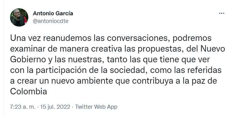 Tomada de Twitter. Antonio García confirmaría reanudación de diálogos con el ELN.
