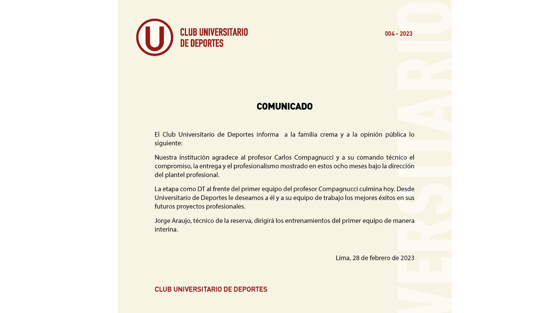 Comunicado sobre la salida de Carlos Compagnucci (Universitario).