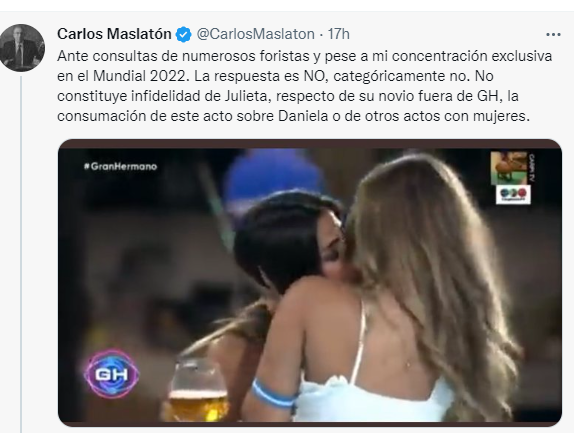 Posteo de Carlos Maslatón sobre el beso entre Daniela Y Julieta de Gran Hermano (Foto: Twitter)