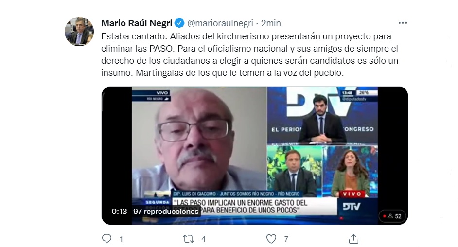 Negri apuntó al Frente de Todos en Twitter, al afirmar que le "teme a la voz del pueblo"