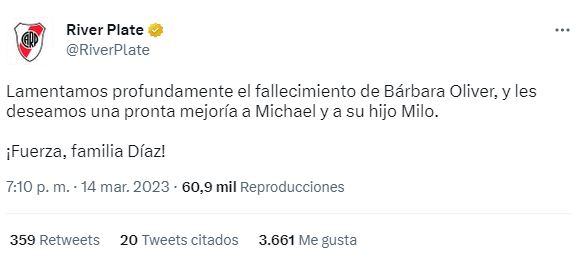 El Club Atlético River Plate envió las condolencias por la muerte de la esposa de Michael Díaz, el hijo de Ramón que protagonizó un accidente en la ruta (Twitter)