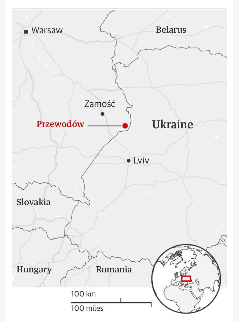 La única línea eléctrica activa que conecta a Polonia con Ucrania (Twitter: @nexta_tv)