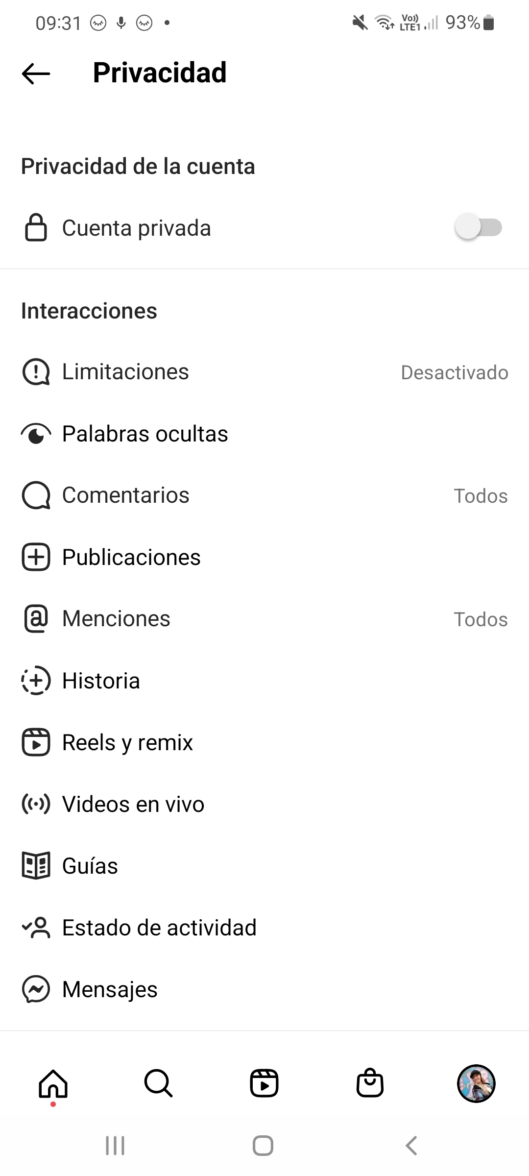 Para activar la opción Cuenta privada hay que ingresar en Configuración/Privacidad
