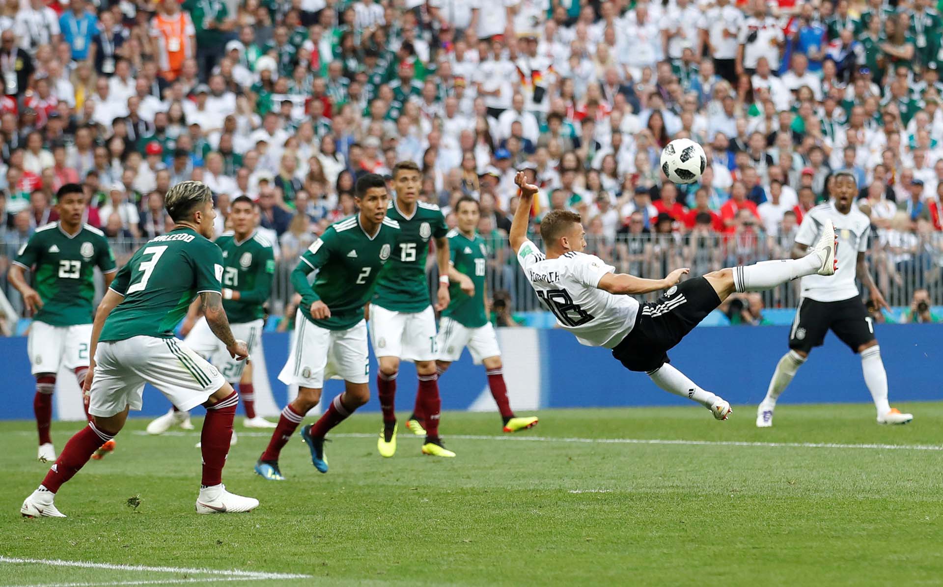 Soccer Football - World Cup - Group F - Germany vs Mexico - Luzhniki Stadium, Moscow, Russia - June 17, 2018 Germany's Joshua Kimmich shoots at goal with an overhead kick REUTERS/Carl Recine