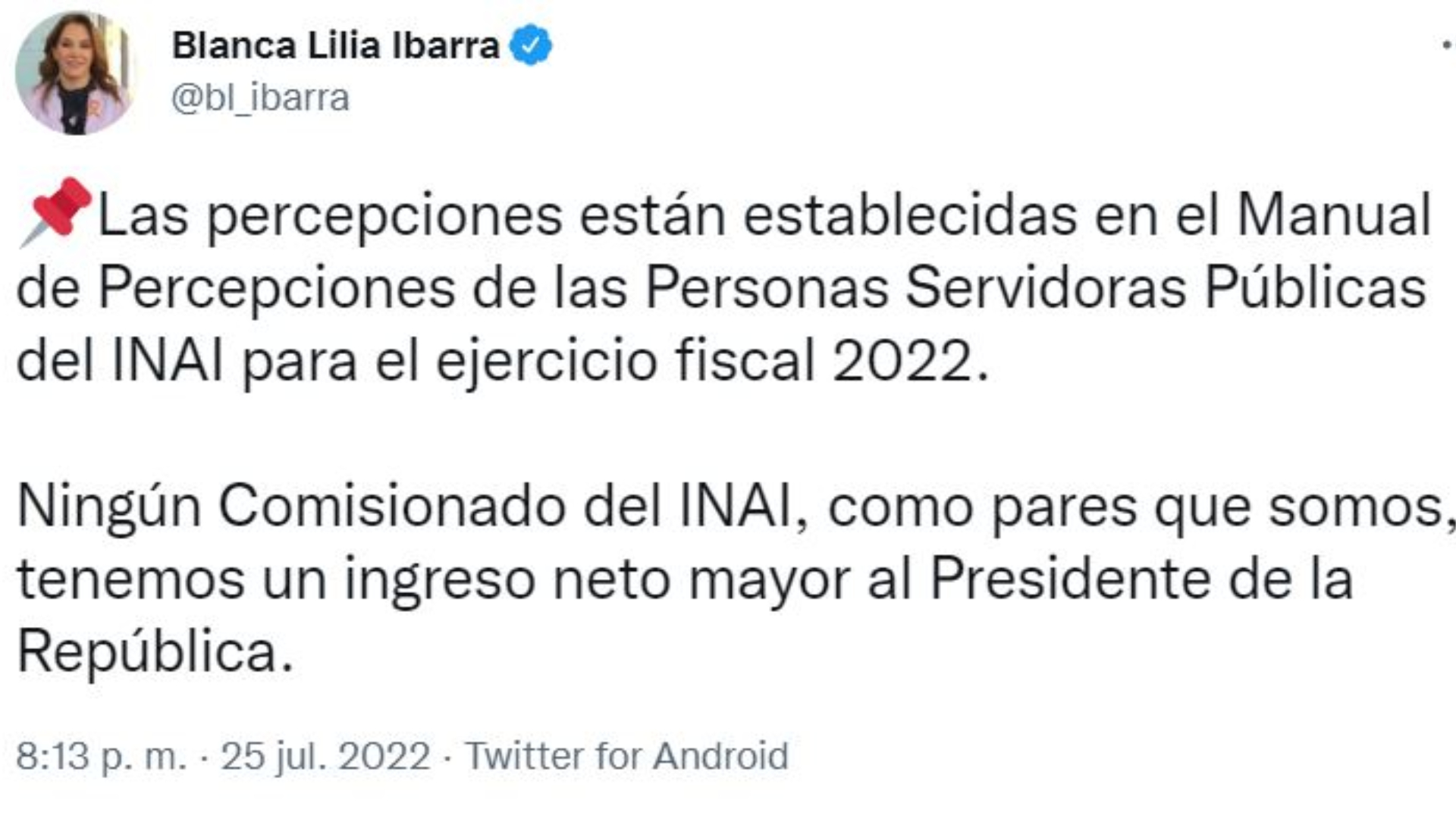 Blanca Lilia Ibarra aseguró que ningún Comisionado del INAI gana más que AMLO. (Captura: Twitter/@bl_ibarra)