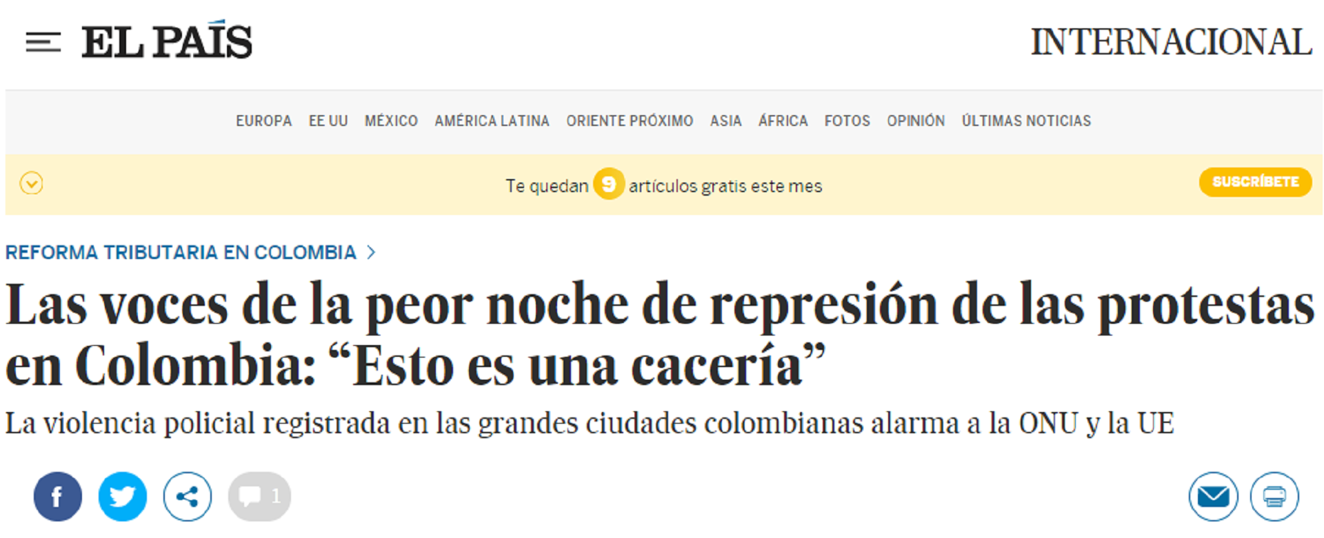 Artículo del El País de España sobre las protestas en Colombia. Foto: El País.