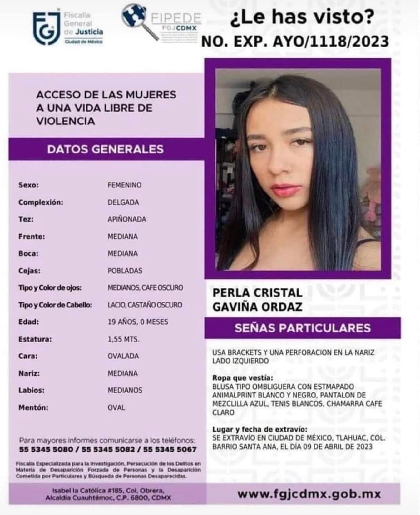 Perla Cristal was last seen in León, Guanajuato.  She was found lifeless days later in said entity (FGJCDMX)