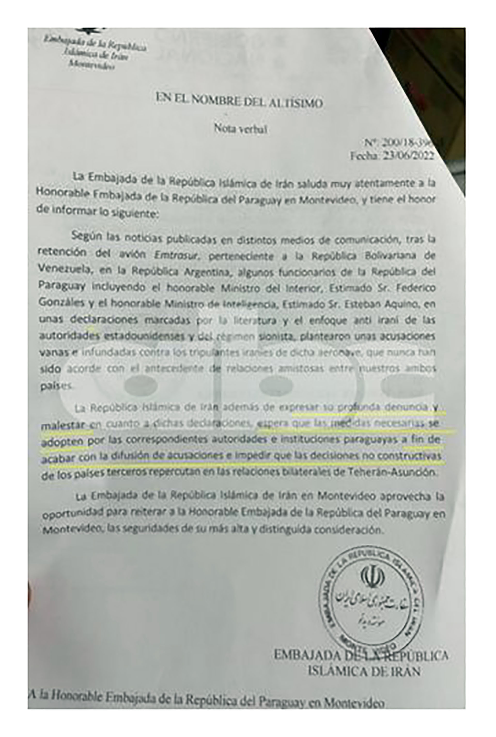 El comunicado enviado por el régimen iraní a las autoridades paraguayas (ABC Color)