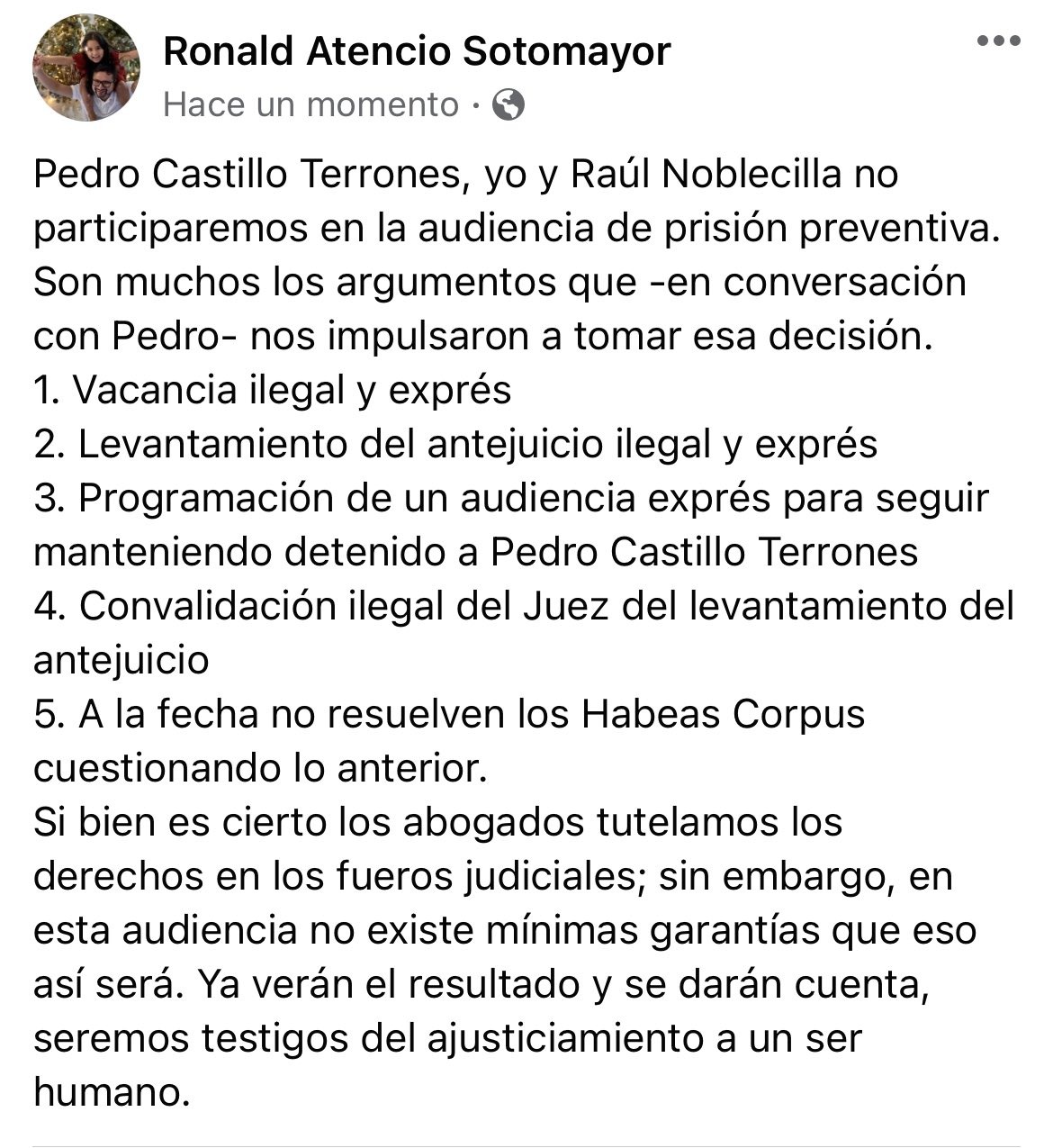 Argumentos de la defensa legal de Pedro Castillo para no presentarse a la audiencia de prisión preventiva.