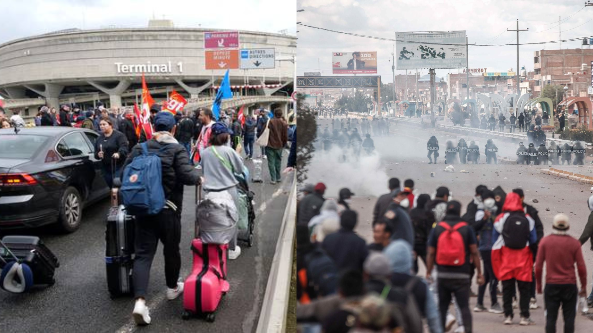 Izquierda: Aeropuerto Charles de Gaulle registra presencia de manifestantes. Derecha: PNP ataca a manifestantes en Juliaca.