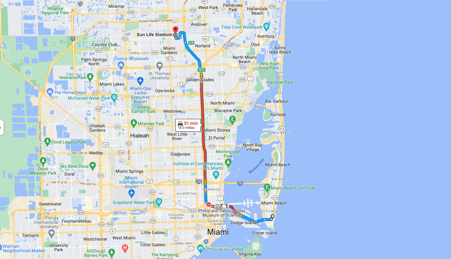 Trayecto desde Miami Beach hasta el Hard Rock Stadium (antes Sun Life)