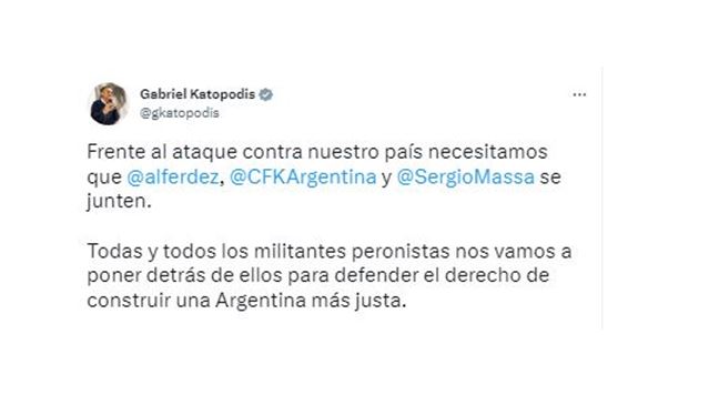 El ministro de Obras Públicas Gabriel Katopodis pidió que Cristina Kirchner, Sergio Massa y Alberto Fernández se muestren juntos
