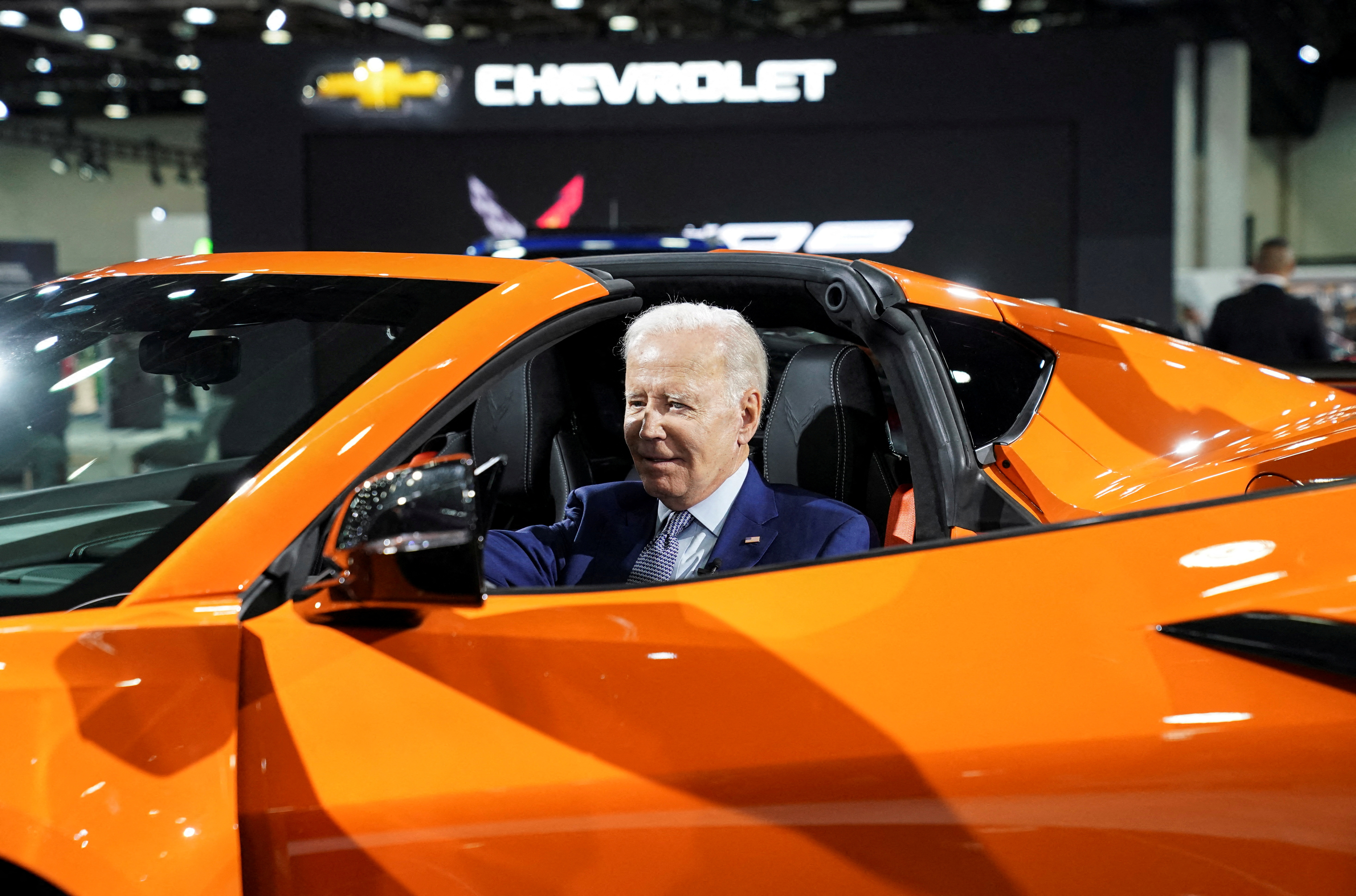 US President Joe Biden sits in a Chevrolet Corvette Z06 during a visit to the Detroit Auto Show to highlight American electric vehicle manufacturing, in Detroit, Michigan, US on September 14, 2022.  REUTERS/Kevin Lamarck/File