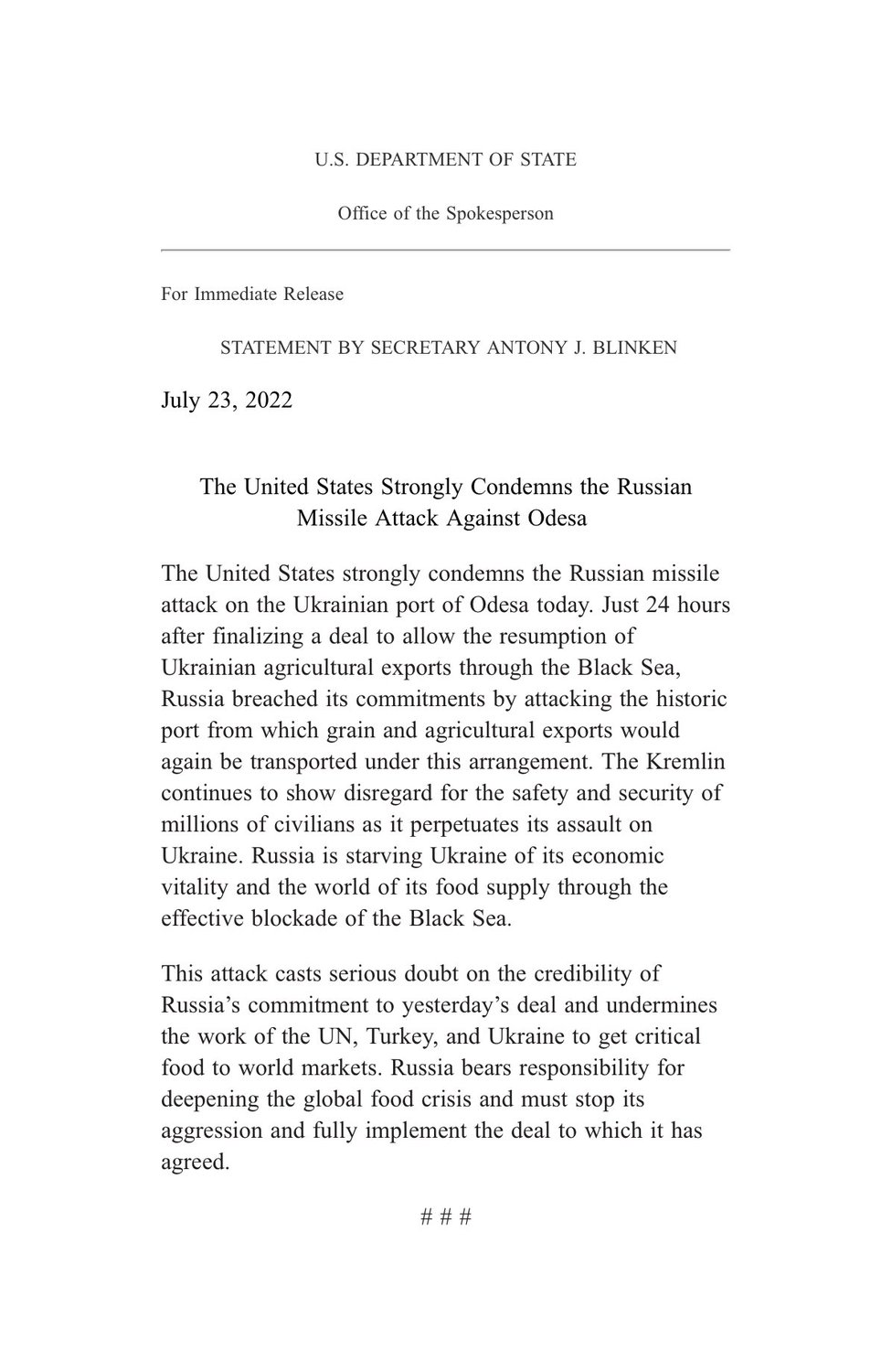 State Department report on the attacks in Odessa